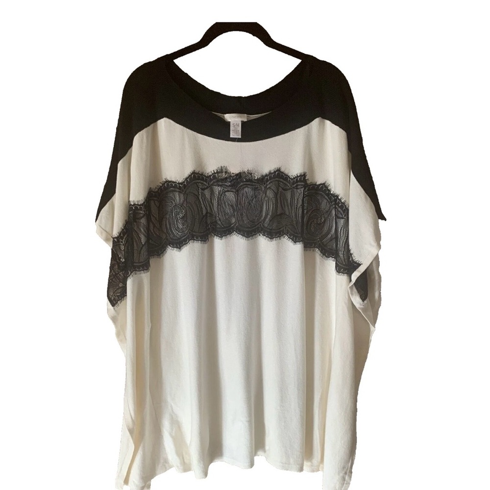 Chico’s Women's White Knit & Black Lace Tunic Top Short Sleeve S/M